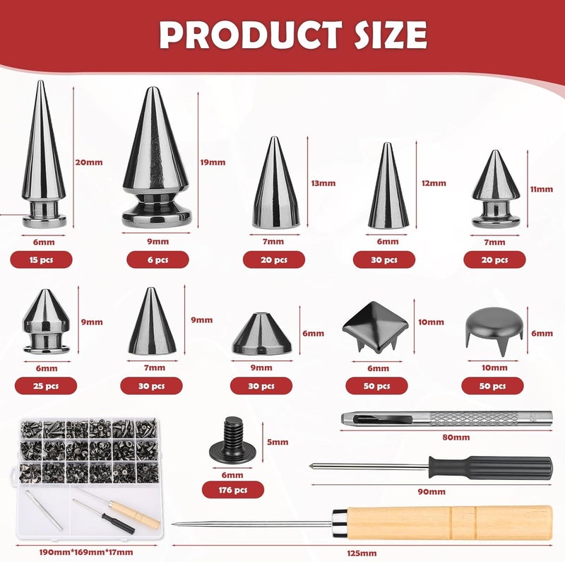 Jollidecor 455 PCS Black Studs for Clothing, 10 Size Metal Spikes and Studs Leather Rivets for Craft, Square Pyramid Studs Round Dome Rivets DIY Punk Style Decoration for Clothes Belts Dog Collar - Image 3